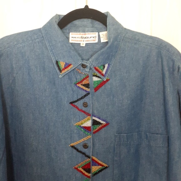 Vintage Westbound Long Sleeve Denim Beaded Blouse Size 2X - Picture 5 of 5